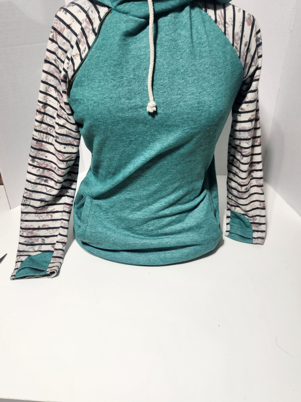AMPERSAND AVE Teal Pullover Hoodie with Striped Raglan Sleeves
